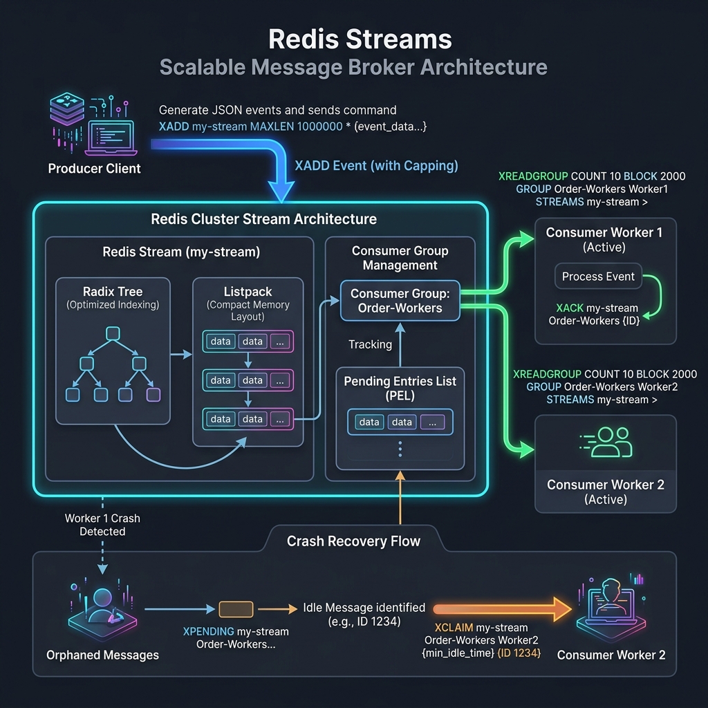 Redis Streams Scalable Message Broker Architecture