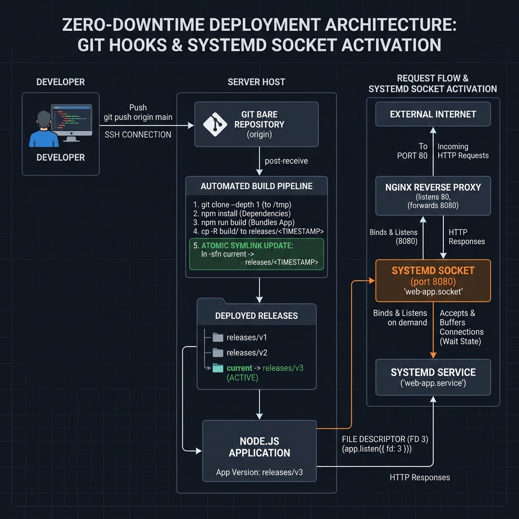 Zero-Downtime Deployment and Socket Activation Architecture Diagram