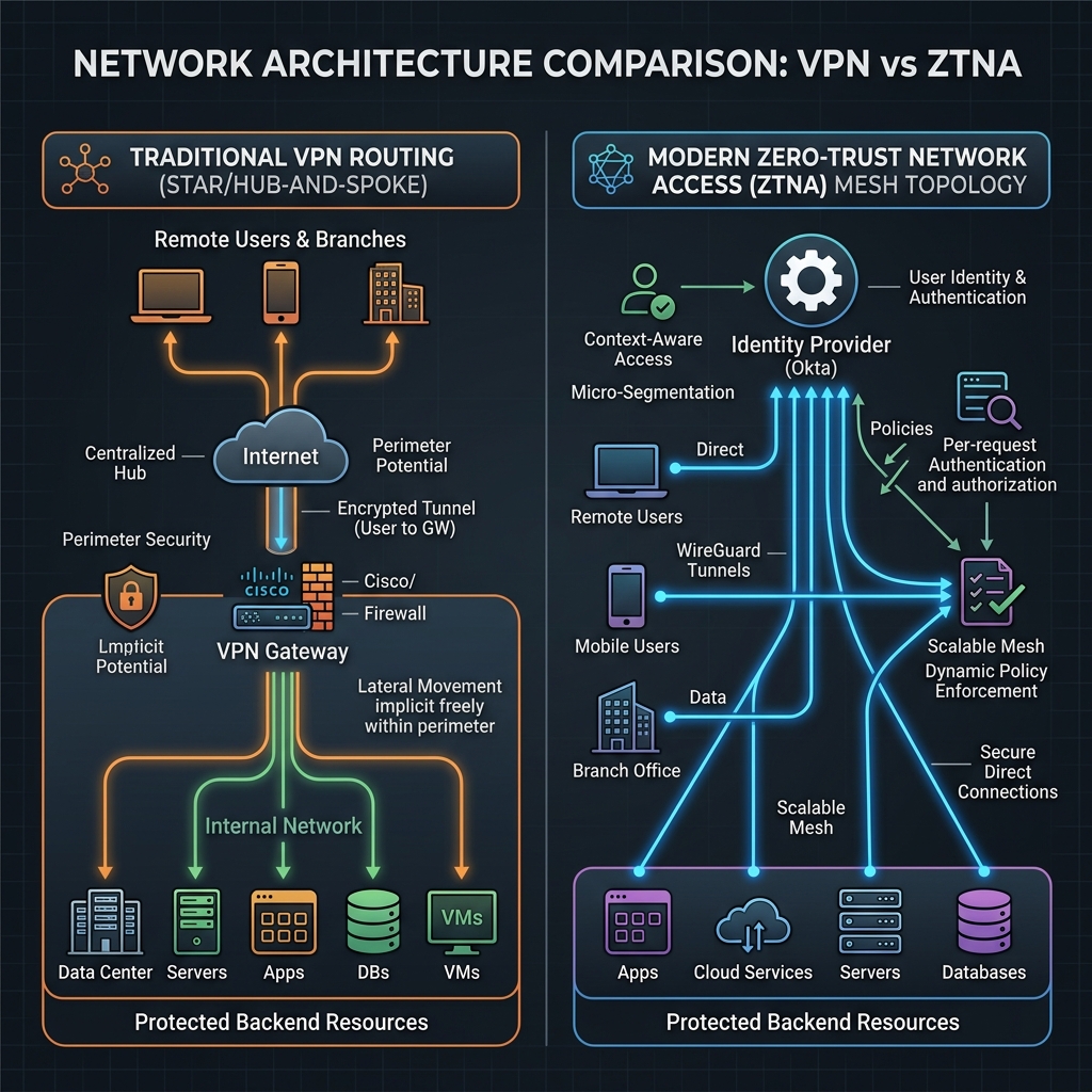 Traditional VPN vs. ZTNA Mesh Network Architecture Comparison